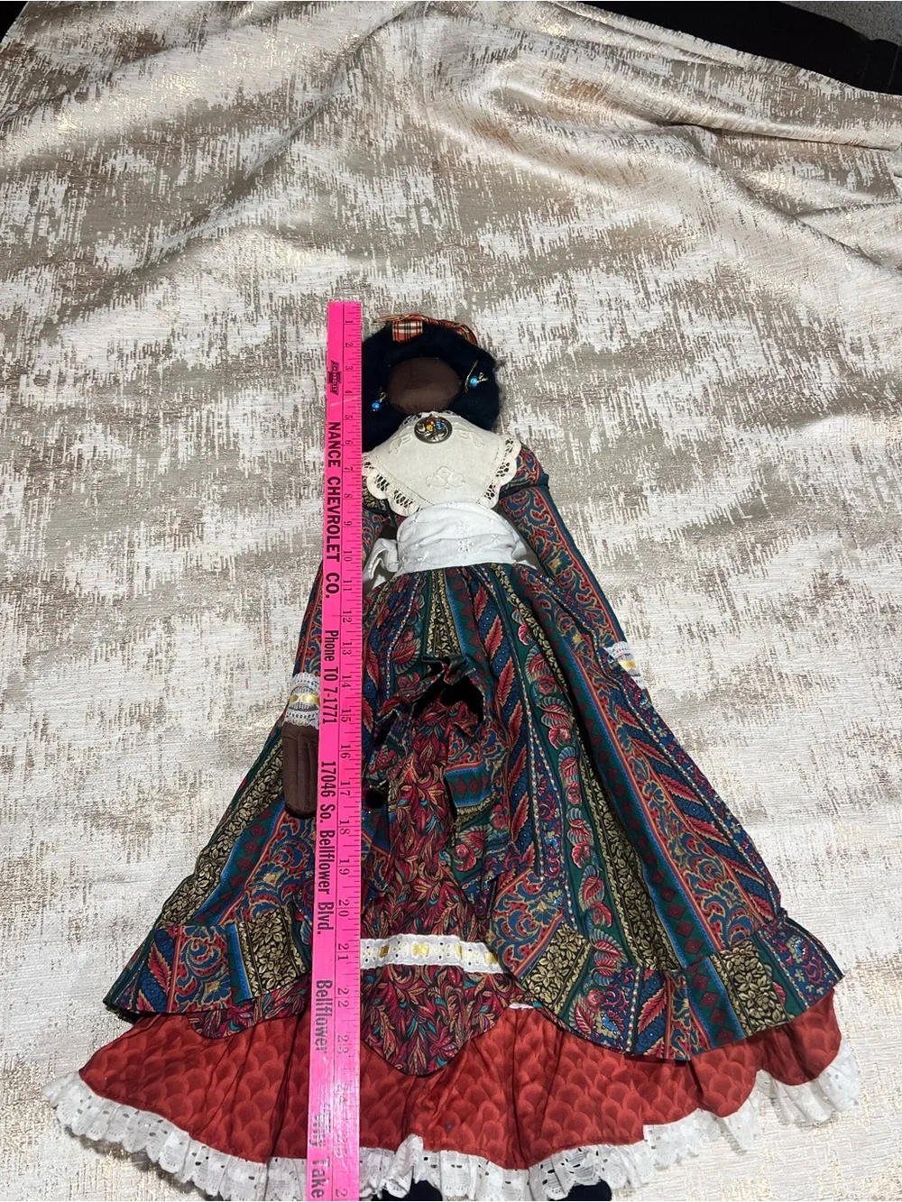 Handmade 22 in Cloth Rag Doll, Dark Girl w/ Black Curly Hair, Victorian